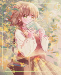 1girl bag blurry blurry_background blurry_foreground book border brown_bag brown_eyes brown_hair brown_skirt brown_sweater_vest commentary covering_own_mouth day depth_of_field earrings feet_out_of_frame flower fuka_(f_uka_1021) glasses gold_osmanthus green_border hair_ribbon half_updo hands_up highres holding holding_book inset_border jewelry light_rays long_sleeves looking_at_viewer open_book orange_flower orange_ribbon original outdoors plaid_clothes plaid_skirt puffy_long_sleeves puffy_sleeves ribbon round_eyewear shirt short_hair shoulder_bag sitting skirt solo sparkle sunbeam sunlight sweater_vest white_shirt 