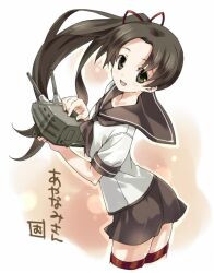  1girl ayanami_(kancolle) black_hair brown_eyes brown_hair brown_neckerchief brown_sailor_collar brown_skirt character_name commentary_request cropped_legs hair_ribbon holding kantai_collection long_hair looking_at_viewer neckerchief open_mouth ribbon sailor_collar sasaki_mutsumi school_uniform serafuku short_sleeves side_ponytail simple_background skirt solo thigh_strap 