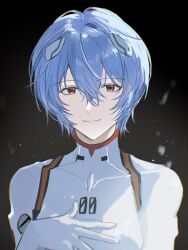  1girl ayanami_rei backlighting black_background blue_hair bodysuit bolt_(hardware) breasts closed_mouth covered_collarbone cropped_torso hair_between_eyes hand_on_own_chest hand_up headset highres interface_headset_(evangelion) looking_at_viewer m_(m53215684) mecha_pilot_suit neon_genesis_evangelion number_print plugsuit_(evangelion) red_eyes short_hair simple_background small_breasts smile solo upper_body white_bodysuit 