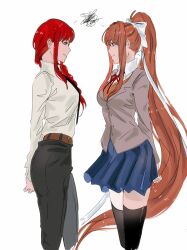  2girls 31ulkubo absurdres arms_behind_back belt black_necktie black_thighhighs blue_skirt bow bowtie brown_belt brown_hair chainsaw_man closed_mouth commentary cropped_legs crossover doki_doki_literature_club doki_doki_literature_club_school_uniform green_eyes hair_bow high-waist_belt highres long_hair looking_at_another makima_(chainsaw_man) miniskirt monika_(doki_doki_literature_club) multiple_girls necktie ponytail profile red_hair school_uniform shirt shirt_tucked_in sidelocks simple_background skirt smile squiggle staring thigh-highs very_long_hair white_background white_bow white_shirt yellow_eyes 