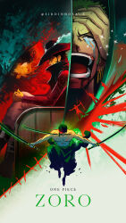 2boys bandana black_bandana black_hair blood blood_from_mouth character_name commentary copyright_name crossed_legs dinhosaur dracule_mihawk earrings english_commentary full_body green_hair green_kimono hat_feather highres holding holding_sword holding_weapon japanese_clothes jewelry kimono male_focus multiple_boys multiple_views one_piece open_mouth roronoa_zoro sideburns sitting sparkle sword tears topless_male twitter_username weapon 