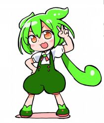  1girl :3 :d blush_stickers commentary_request dot_nose double-parted_bangs full_body green_hair green_shoes green_shorts hair_between_eyes hand_on_own_hip hand_up long_hair looking_at_viewer open_mouth orange_eyes ponytail sankakuhead shirt shoes short_sleeves shorts simple_background smile solo standing suspender_shorts suspenders v v-shaped_eyebrows voicevox white_background white_shirt zundamon 