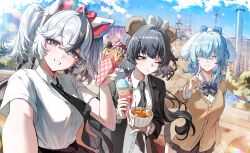  3girls absurdres alternate_costume animal_ear_hairband animal_ears black_hair black_jacket black_necktie blue_hair blue_sky brown_cardigan camellya_(wuthering_waves) cardigan crepe datsha day eating fake_animal_ears female_rover_(wuthering_waves) food hair_between_eyes hairband highres holding holding_food index_finger_raised jacket long_hair multicolored_hair multiple_girls necktie outdoors rover_(wuthering_waves) shirt shorekeeper_(wuthering_waves) short_hair sky streaked_hair violet_eyes white_hair white_shirt wuthering_waves yellow_eyes 