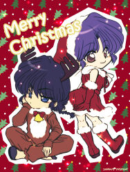  1boy 1girl animal_costume antlers bell black_hair blue_eyes boots braid brown_eyes chibi christmas closed_mouth commentary_request dress elbow_gloves fake_antlers fur-trimmed_boots fur-trimmed_dress fur-trimmed_gloves fur-trimmed_headwear fur_trim gloves hat highres horns merry_christmas neck_bell purple_hair ranma_1/2 red_background red_boots red_dress red_gloves reindeer_antlers reindeer_costume santa_costume santa_dress santa_hat saotome_ranma saotome_ranma_(male) short_hair single_bare_shoulder single_braid sitting smile tendou_akane yodare 