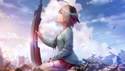  1girl ahoge aqua_cardigan black_flower black_hairband black_neckerchief black_ribbon black_rose blue_sky blurry blurry_background cardigan clouds commentary cumulonimbus_cloud day english_commentary flower from_side full_body grey_hair hair_flower hair_ornament hair_ribbon hairband hand_up heaven_burns_red highres light_particles long_sleeves looking_up minase_sumomo miniskirt neckerchief official_art outdoors pantyhose parted_lips plaid_clothes plaid_skirt pleated_skirt profile purple_ribbon red_skirt ribbon ribbon-trimmed_pantyhose ribbon_trim rose rubble sailor_collar short_hair sitting skirt sky solo sword third-party_source violet_eyes wariza weapon white_pantyhose white_sailor_collar 