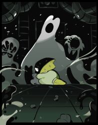  1girl absurdres alphys endogeny from_behind gogeyama high_contrast highres indoors industrial_pipe lab_coat lemon_bread reaper_bird reptile_girl tail tile_floor tiles undertale utdr_(toby_fox) 