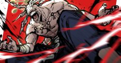 abs belt belt_ribbon blue_pants bracelet colored_skin electricity halo hands_up head_tail hezaki_minami jujutsu_kaisen legs_apart mahoraga_(jujutsu_kaisen) muscular muscular_male no_eyes no_nose open_mouth painted_nails pants red_background shikigami shirtless sitting tagme tattoo tongue white_background wings wings_over_eyes wrist_ribbon yellow_halo