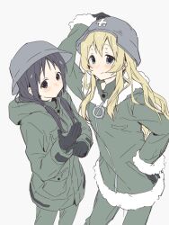  2girls arm_up black_hair blonde_hair blue_eyes chito_(shoujo_shuumatsu_ryokou) expressionless fur-trimmed_hood fur-trimmed_jacket fur-trimmed_sleeves fur_trim gloves grey_eyes hand_on_headwear hand_on_own_hip helmet hood hood_down hooded_jacket jacket long_hair looking_at_viewer low_twintails multiple_girls shaofangziran shoujo_shuumatsu_ryokou smile twintails yuuri_(shoujo_shuumatsu_ryokou) 