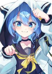 1girl :3 animal_hood black_choker black_sailor_collar black_serafuku black_shirt blue_eyes blue_hair bow bow_earrings brooch cat_hood choker closed_mouth commentary_request double-parted_bangs earrings hair_between_eyes hands_up highres hololive hood hooded_jacket hoshimachi_suisei hoshimachi_suisei_(sailor) jacket jewelry kamkampan looking_at_viewer medium_hair neckerchief official_alternate_costume paw_pose sailor_collar school_uniform serafuku shirt simple_background solo star_(symbol) star_brooch star_in_eye symbol_in_eye upper_body virtual_youtuber white_background white_jacket wolf_cut yellow_neckerchief 