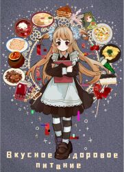  1girl apron black_dress blonde_hair blush book brown_eyes brown_shoes chinese_commentary commentary_request dress flesh_blood_&amp;_concrete food_request frilled_dress frills full_body grey_background heituitui holding holding_book loafers looking_at_viewer medium_dress nika_(flesh_blood_&amp;_concrete) pantyhose russian_text school_uniform shoes smile solo soviet_school_uniform standing straight-on striped_clothes striped_pantyhose two_side_up white_apron 