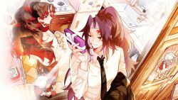  2boys 33_yorimichi alternate_costume black_necktie brown_hair closed_mouth commentary_request cookie food from_above high_ponytail highres holding indoors kimetsu_no_yaiba kitchen male_focus multicolored_hair multiple_boys necktie ponytail red_eyes red_hair refrigerator scar scar_on_face scar_on_forehead scar_on_neck shirt smile tsugikuni_michikatsu tsugikuni_yoriichi two-tone_hair white_shirt 