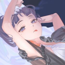  1girl alternate_costume arms_up commentary highres hololive hololive_english kenminthe looking_at_viewer lying mole mole_under_eye multicolored_hair ninomae_ina'nis on_back orange_hair purple_hair solo tentacle_hair tongue tongue_out untranslatable_commentary violet_eyes virtual_youtuber 