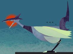  claws highres kamikiririp leaning_forward no_humans open_mouth pokemon pokemon_(creature) pokemon_focus red_eyes red_sun sharp_teeth simple_background skarmory teeth wings 
