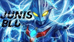  1boy alien armor artist_name blue_background blue_skin blue_theme castlings character_name chest_guard color_timer colored_skin commentary compound_eyes crackling_energy dorsal_fin energy english_text giant giant_male glowing glowing_eyes head_down looking_down male_focus multicolored_skin no_pupils pectorals shoulder_armor silver_skin solo tokusatsu two-tone_skin ultra_series ultraman_nexus ultraman_nexus_(series) ultraman_nexus_junis_blue upper_body yellow_eyes 