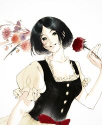  1girl ashvex black_hair bleeding blood blouse bob_cut bodice bow collarbone commentary_request dress fata_morgana_no_yakata flower frilled_sleeves frills giselle_(fata_morgana_no_yakata) green_eyes grin head_tilt highres holding holding_flower looking_to_the_side pink_flower puffy_short_sleeves puffy_sleeves purple_flower red_bow red_flower red_rose rose shirt short_hair short_sleeves simple_background smile solo square_neckline thorns upper_body watercolor_effect white_background white_dress 