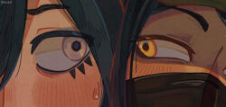  2boys arminh0o0 black_hair black_mask blush close-up commentary covered_mouth danganronpa_(series) danganronpa_v3:_killing_harmony english_commentary eye_focus eyelashes furrowed_brow hat highres looking_at_another looking_to_the_side mask mouth_mask multiple_boys saihara_shuichi shinguji_korekiyo sweat 