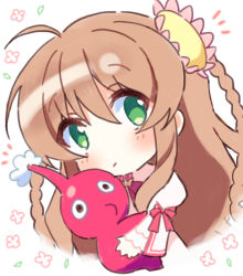  1girl ahoge blush bow braid brown_hair chibi chibi_only closed_mouth commentary_request creature cropped_torso crossover eyes_visible_through_hair flower green_eyes hair_between_eyes hair_flower hair_ornament haruchimo holding holding_creature juliet_sleeves kanbe_kotori kazamatsuri_institute_high_school_uniform light_frown long_hair long_sleeves looking_at_viewer neck_ribbon notice_lines pikmin_(creature) pikmin_(series) pink_flower puffy_sleeves red_bow red_pikmin red_ribbon rewrite ribbon school_uniform simple_background sleeve_bow solo tareme trait_connection twin_braids upper_body very_long_hair white_background 