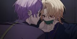  2boys aqua_streaks blonde_hair closed_mouth covered_mouth deep_dark_for_light_(project_sekai) earrings gag glasses hand_on_another's_chin highres improvised_gag jewelry kamishiro_rui kukupi_star long_sleeves looking_at_another male_focus multicolored_hair multiple_boys necklace official_alternate_costume official_alternate_hairstyle project_sekai purple_hair smile streaked_hair tape tape_gag tenma_tsukasa turtleneck yellow_eyes 