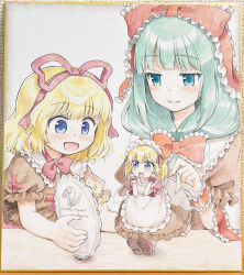  3girls :d apron black_shirt black_skirt blonde_hair blue_eyes blush bow bowtie commentary_request cursive english_text fairy_wings flower frilled_apron frilled_ribbon frilled_shirt_collar frills front_ponytail green_eyes green_hair grey_background hair_bow hair_ribbon highres kagiyama_hina lily_of_the_valley looking_at_mirror maid_apron maid_headdress medicine_melancholy medium_hair mini_person minigirl mirror mito_tsubaki multiple_girls open_mouth photo_(medium) puffy_short_sleeves puffy_sleeves red_bow red_bowtie red_ribbon red_shirt ribbon shikishi shirt short_sleeves skirt smile sparkle su-san table touhou traditional_media wings 