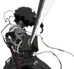  afro afro_samurai afro_samurai_(character) highres katana male monochrome official_art solo sword weapon 