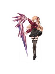  1girl absurdres alternate_headwear black_shirt black_thighhighs bow chaos;child d-sword dress hair_bow high-waist_skirt highres holding holding_sword holding_weapon huge_weapon kurusu_nono kurusu_nono's_d-sword non-web_source off-shoulder_dress off_shoulder official_alternate_costume official_art orange_hair red_dress sasaki_mutsumi science_adventure serious shirt skirt solo sword thigh-highs transparent_background v-shaped_eyebrows violet_eyes weapon 