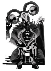  1boy black_robe body_piercings disembodied_eye elden_ring elden_ring_nightreign extra_eyes goat_horns goat_legs greyscale highres hooves horizontal_pupils horns libra_(elden_ring) monochrome monster monster_focus mushychord official_alternate_costume robe sigil very_big_eyes 