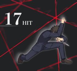  1boy black_background black_hair blue_jacket blue_pants brown_shoes buttons english_text fighting_stance folding_knife highres holding holding_knife jacket kneeling knife male_focus melty_blood melty_blood:_type_lumina mitsurugi_sugar mystical_high_collar nanatsu-yoru on_one_knee pants reverse_grip school_uniform shoes short_hair slashing solo souya_high_school_uniform switchblade tohno_shiki tsukihime tsukihime_(remake) 