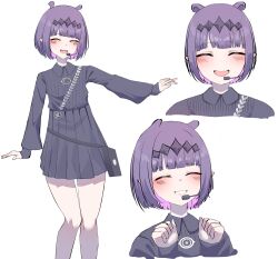  1girl absurdres black_hairband black_shirt black_skirt closed_eyes commentary diamond_hairband earpiece fang hairband highres hololive hololive_english multiple_views ninomae_ina'nis ninomae_ina'nis_(drawn_to_dawn) official_alternate_costume official_alternate_hairstyle open_mouth pleated_skirt purple_hair shirt simple_background skirt sweetwhite tentacle_hair untranslatable_commentary virtual_youtuber white_background 