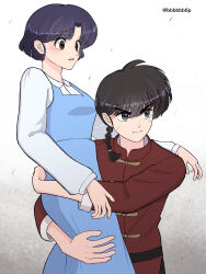  1boy 1girl arm_around_another's_waist black_hair blue_dress blue_hair braid brown_eyes carrying carrying_person chinese_clothes closed_mouth commentary_request dress fuurinkan_high_school_uniform grey_eyes hetero highres mameroku_(user_jesv7777) ranma_1/2 saotome_ranma saotome_ranma_(male) school_uniform short_hair single_braid tangzhuang tendou_akane v-shaped_eyebrows 