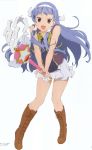  1girl :d absurdres bangs blue_hair blunt_bangs boots hairband hands highres kannagi legs long_hair nagi official_art open_mouth purple_eyes screening skirt wand white_background 