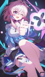  1girl absurdres ajeu914 aqua_eyes blue_skirt blush collarbone collared_shirt commentary_request hair_between_eyes hair_ornament highres honkai:_star_rail honkai_(series) looking_at_viewer march_7th_(honkai:_star_rail) march_7th_(preservation)_(honkai:_star_rail) medium_hair multicolored_eyes one_eye_closed open_mouth pink_eyes pink_hair shirt sitting skirt smile solo two-tone_eyes white_shirt 