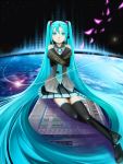  1girl aqua_eyes aqua_hair bad_id crossed_arms earth hatsune_miku headphones highres legs long_hair penpen penpen_(artist) sitting solo space thighhighs twintails very_long_hair vocaloid zettai_ryouiki 