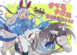  1girl animal_ears blue_eyes blue_hairband blue_kimono blush commentary creature_and_personification ear_covers fang food giragira_egao grey_hair grey_tail hair_between_eyes hairband hakama hakama_skirt headband highres holding holding_reins horse horse_ears horse_girl horse_tail horseback_riding japanese_clothes kimono long_hair long_sleeves multicolored_hairband one_eye_closed open_mouth personification real_life red_headband reins riding skirt smile striped_clothes striped_hairband tail takoyaki tamamo_cross_(racehorse) tamamo_cross_(umamusume) two-tone_hairband umamusume untranslatable_commentary very_long_hair 