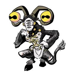  1boy body_piercings disembodied_eye elden_ring elden_ring_nightreign extra_eyes goat_horns goat_legs highres hooves horizontal_pupils horns libra_(elden_ring) monster monster_focus mushychord sigil tail very_big_eyes white_background 