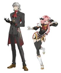  2boys :d ;d absurdres adjusting_clothes adjusting_gloves antonio_salieri_(fate) armor ascot astolfo_(fate) astolfo_(rider)_(fate) black_bow black_gloves black_thighhighs boots bow braid brown_shoes commentary_request fang fate/grand_order fate_(series) faulds full_body garter_straps gauntlets gloves grey_hair hair_bow hair_intakes highres korean_commentary lapels leg_up long_braid looking_at_viewer multiple_boys one_eye_closed pants pauldrons pink_hair pinstripe_coat pinstripe_pants pinstripe_pattern pinstripe_suit potato_goril red_ascot red_eyes shoes shoulder_armor simple_background single_braid skin_fang smile suit suit_pants thigh-highs violet_eyes white_background white_boots 