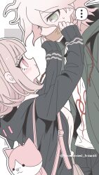  ... 1boy 1girl animal_bag bag black_jacket blush cat_bag commentary_request danganronpa_(series) danganronpa_2:_goodbye_despair eye_contact from_side gag green_jacket grey_hair highres improvised_gag jacket komaeda_nagito komanami_kawaii long_sleeves looking_at_another messy_hair nanami_chiaki open_clothes open_jacket pink_bag pink_eyes print_shirt profile shirt tape tape_gag white_shirt 