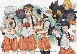  1girl 4boys backpack bag black_bag black_hair black_sweater black_thighhighs blonde_hair blue_eyes blunt_bangs brown_hair clenched_hands collared_shirt creature domino_mask eevee eye_mask facepaint goggles goggles_on_head grey_hair grey_jacket grin hair_between_eyes hat hatake_kakashi holding holding_creature jacket lanyard luxray mask might_guy mouth_mask multiple_boys namikaze_minato naruto_(series) necktie nohara_rin open_mouth orange_necktie orange_shorts parted_lips pokemon_(creature) red_eyes ribbed_sweater riolu rockruff shirt short_hair shorts smile sparkle sun_hat surgical_mask sweater teeth thick_eyebrows thigh-highs uchiha_obito white_shirt x_xayaka zorua 