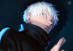  1boy artist_name blue_eyes colored_eyelashes commentary crossed_fingers gojo_satoru hallibell-yin highres jujutsu_kaisen short_hair solo white_eyelashes white_hair 