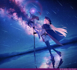  1girl artoria_caster_(fate) artoria_caster_(second_ascension)_(fate) artoria_pendragon_(fate) belt beret black_pantyhose black_ribbon blonde_hair blue_belt blue_cloak boots bow cloak fate/grand_order fate_(series) green_eyes hat holding holding_staff long_hair long_sleeves official_art pantyhose purple_boots purple_bow ribbon shirt skirt staff sword takeuchi_takashi weapon white_shirt white_skirt 