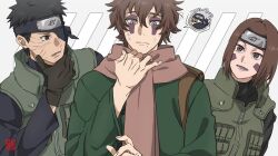  1girl 2boys @_@ adjusting_clothes black_eyes black_hair black_shirt brown_eyes brown_hair brown_scarf disguise eyeshadow facepaint flak_jacket green_kimono green_vest grey_hair hair_between_eyes hatake_kakashi headband_over_one_eye jacket japanese_clothes kimono konohagakure_shinobi_uniform konohagakure_symbol looking_at_another makeup mask mole mole_under_mouth mouth_mask multiple_boys naruto_(series) nohara_rin open_mouth parted_bangs purple_eyeshadow scar scar_on_face scarf sharp_teeth shirt short_hair smile sukea_(naruto) sweatdrop teeth uchiha_obito vest x_xayaka 