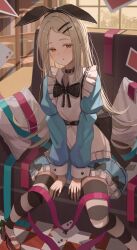 1girl absurdres ace_(playing_card) ace_of_clubs ace_of_diamonds ace_of_hearts alice's_adventures_in_wonderland alice_(alice_in_wonderland) alice_(alice_in_wonderland)_(cosplay) animal_ear_hairband animal_ears apron black_bow black_choker black_hairband blonde_hair blue_dress blush bow breasts card choker club_(shape) commentary_request cosplay diamond_(shape) dress fake_animal_ears frills gakuen_idolmaster grey_hair hair_ornament hairband hairclip hanma_amnah heart highres idolmaster long_hair long_sleeves looking_at_viewer orange_eyes parted_lips playing_card rabbit_ears shinosawa_hiro shoes sitting solo striped_clothes striped_thighhighs thigh-highs white_apron 