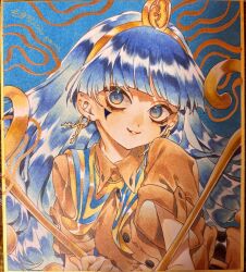 1girl 2026 absurdres blue_eyes blue_hair brown_shirt collared_shirt commentary earrings facial_mark gold_headdress grin hair_ornament highres holding holding_scepter jewelry key_earrings long_hair looking_at_viewer michigami_nareko scepter shikishi shirt short_sleeves smile solo sphere_hair_ornament touhou traditional_media triangle triangle_facial_mark twitter_username upper_body usekh_collar yamazaki_tsukune 