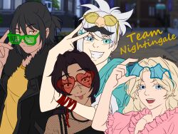  1boy 1other 2girls alma_prisma_(lopartbymarah) arm_ribbon black_hair black_jacket black_shirt blonde_hair blue_eyes blue_shirt collarbone english_text eyewear_on_head fishnet_top fishnets frilled_shirt frills fur-trimmed_jacket fur_trim glasses heart heart-shaped_eyewear highres holding holding_removed_eyewear jacket long_hair lopartbymarah medium_hair multiple_girls open_mouth orange_shirt original outdoors parted_bangs pink_shirt pixel_sunglasses ponytail red_ribbon ribbon rwby shirt sunglasses teeth tongue tongue_out unworn_eyewear upper_teeth_only white_hair yellow_eyes 
