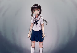 1girl black_hair blue_neckerchief blue_skirt blush commentary_request feet_out_of_frame fubuki_(kancolle) fubuki_kai_san_go_(type_6)_(kancolle) gradient_background green_eyes grey_background highres kantai_collection kneehighs long_hair looking_at_viewer low_ponytail minamino neckerchief pleated_skirt ponytail sailor_collar shirt short_sleeves sidelocks skirt smile socks solo standing thighs white_sailor_collar white_shirt white_socks 