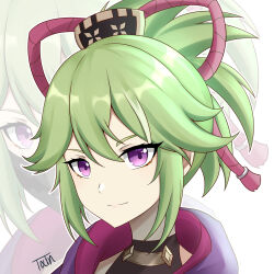  1girl absurdres armor closed_mouth commentary_request eyebrows_hidden_by_hair genshin_impact green_hair hair_between_eyes highres japanese_armor kuki_shinobu looking_at_viewer mask menpoo mouth_mask multicolored_hair multiple_views ninja_mask portrait simple_background smile streaked_hair txin_xin violet_eyes white_background white_hair zoom_layer 