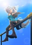  armpits bad_id dragonfly grey_hair hands heterochromia highres legs open_mouth original plastick sitting tail thigh-highs thighhighs zerokichi 