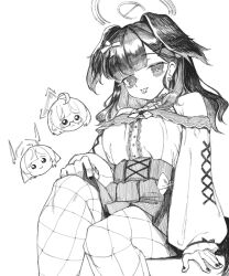  3girls animal_ears bare_shoulders blue_archive breasts commentary_request dog_ears dog_girl dog_tail fishnet_pantyhose fishnets halo hand_on_ground hibiki_(blue_archive) high-waist_skirt highres jirai_kei konodu200 kotori_(blue_archive) long_hair looking_at_viewer mechanical_halo medium_breasts monochrome multiple_girls nail_polish pantyhose piercing skirt tail tongue tongue_out tongue_piercing utaha_(blue_archive) 