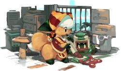  1girl apron bottomless brown_eyes chest_fur commentary_request desk drawer flattened fox fox_girl furry furry_female koki_(ryoushikiha) original oversized_object plant striped_apron striped_clothes striped_headwear striped_sleeves stuffed_animal stuffed_toy teddy_bear trash_can white_hair window 