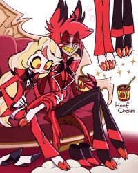 1boy 1girl absurdres alastor_(hazbin_hotel) barefoot blonde_hair charlie_morningstar clenched_teeth colored_sclera colored_skin commentary_request couch english_text formal_clothes hazbin_hotel hellaverse highres holding holding_brush hooves long_hair on_couch red_eyes red_hair red_sclera sharp_teeth shoes short_hair sitting suit teeth uni_mico unworn_shoes white_skin yellow_sclera 