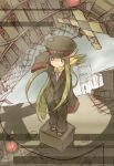  1girl alternate_costume arm_up blue_eyes box conductor green_hair hair_down hat long_hair naotsugu necktie oversized_clothes pants pointy_ears puyopuyo puyopuyo_fever railroad_tracks rider_(puyopuyo) sleeves_past_wrists solo standing uniform 